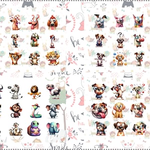 May include: A digital illustration featuring 48 different cartoon animals, primarily dogs, with a variety of expressions and poses. The animals are depicted in a colourful, whimsical style and are set against a white background with a repeating pattern of flowers and leaves.