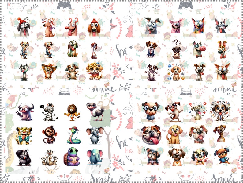 May include: A digital illustration featuring 48 different cartoon animals, primarily dogs, with a variety of expressions and poses. The animals are depicted in a colourful, whimsical style and are set against a white background with a repeating pattern of flowers and leaves.