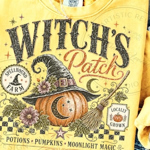 PNG retrò da strega per Halloween, design per maglietta con zucca e campo da strega, sublimazione vintage con cappello e scopa da strega, PNG retrò per la stagione spettrale autunnale