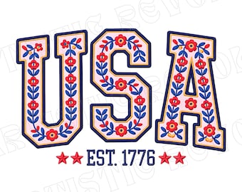 Floral Embroidery USA Png, Retro America Png, 4th Of July PNG, 4th Of July Sublimation Design, America Coquette Png, Patriotic Png Girly png