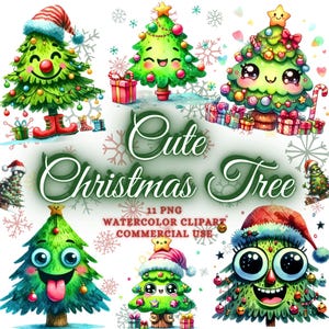 Lindo paquete de imágenes prediseñadas de árbol de Navidad en acuarela, lindo árbol de Navidad PNG, divertidos diseños de sublimación navideña Diseño de árbol de Navidad en acuarela