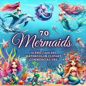 70 paquete de imágenes prediseñadas de sirenas de acuarela, imágenes prediseñadas de la sirenita png, imágenes prediseñadas de la princesa de la sirena del mar, imágenes prediseñadas de la sirena linda, sirena mágica png