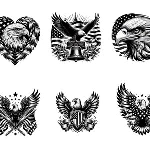 May include: A collection of six black and white eagle illustrations. The designs include eagles with spread wings, within a heart shape, and with American flags. The illustrations are detailed and patriotic, suitable for various applications.