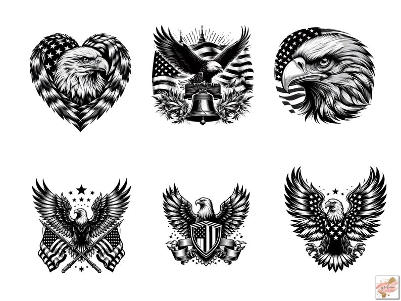 May include: A collection of six black and white eagle illustrations. The designs include eagles with spread wings, within a heart shape, and with American flags. The illustrations are detailed and patriotic, suitable for various applications.