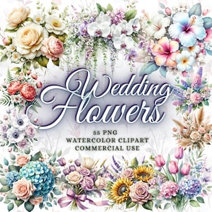 Pacote de flores de casamento em aquarela elegante, clipart, pacote de flores de casamento em png, elementos de diário de casamento, arco de flores florais em png
