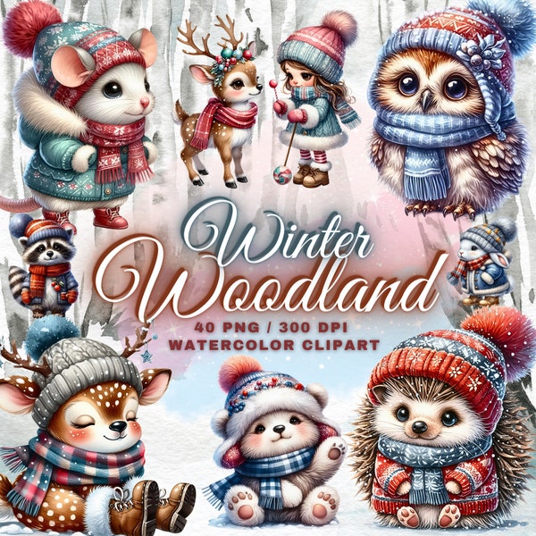 Watercolor Woodland Animals Clipart , Winter Clipart Bundle, Watercolor Forest Animal Clipart, Nursery Woodland Clipart, Cozy Winter Clipart