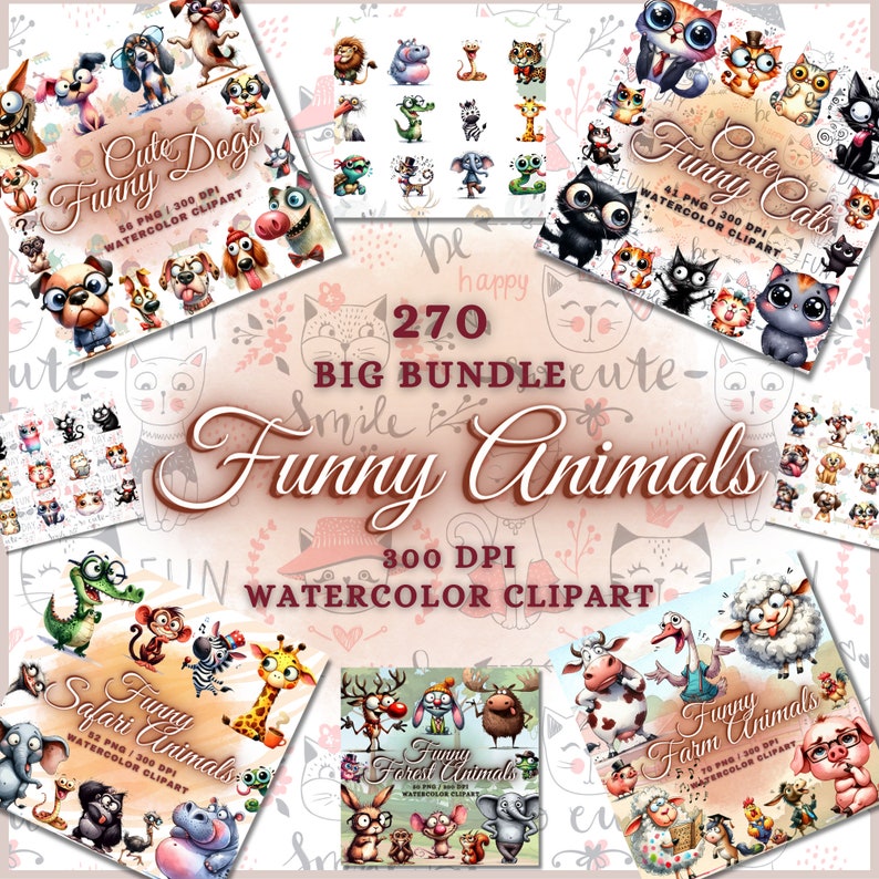 May include: A digital illustration set of 270 watercolour clipart images of cute animals. The set includes dogs, cats, farm animals, safari animals, and forest animals. The images are in a cartoon style and are perfect for use in digital scrapbooking, card making, and other creative projects.