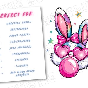 May include: A digital illustration of a cartoon bunny wearing pink heart-shaped sunglasses and a pink bow. The bunny is blowing a pink bubble and has rainbow-colored fur. The background is white with stars.