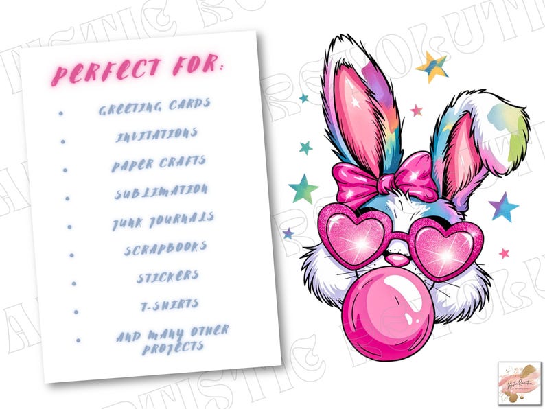 May include: A digital illustration of a cartoon bunny wearing pink heart-shaped sunglasses and a pink bow. The bunny is blowing a pink bubble and has rainbow-colored fur. The background is white with stars.