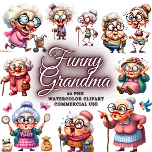 30 Pacote de clipart engraçado da vovó, clipart de mulheres engraçadas, pacote de PNG da vovó fofo, pacote de clipart engraçado, idosos engraçados, velhinhas engraçadas