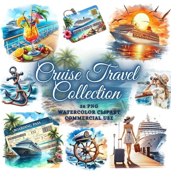 Watercolor Nautical Clipart, 26 PNG, Summer Cruise Clipart, Cruise Ship Png, Travel Clipart, Ocean Clipart, Summer PNG, Vacation Clipart