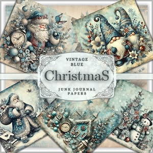 Blue Vintage Christmas Junk Journal Kit Páginas de diario imprimibles, Papeles digitales de medios mixtos, Papeles efímeros de diario basura rústico de Navidad