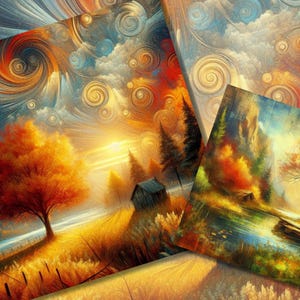 Op de afbeelding: Een verzameling van drie kunstafdrukken met levendige landschapsschilderijen. De kunstwerken tonen herfsttaferelen met warme kleuren, waaronder oranje, geel en rood. De schilderijen tonen bomen, velden en een kleine hut, met focus op licht en sfeer.