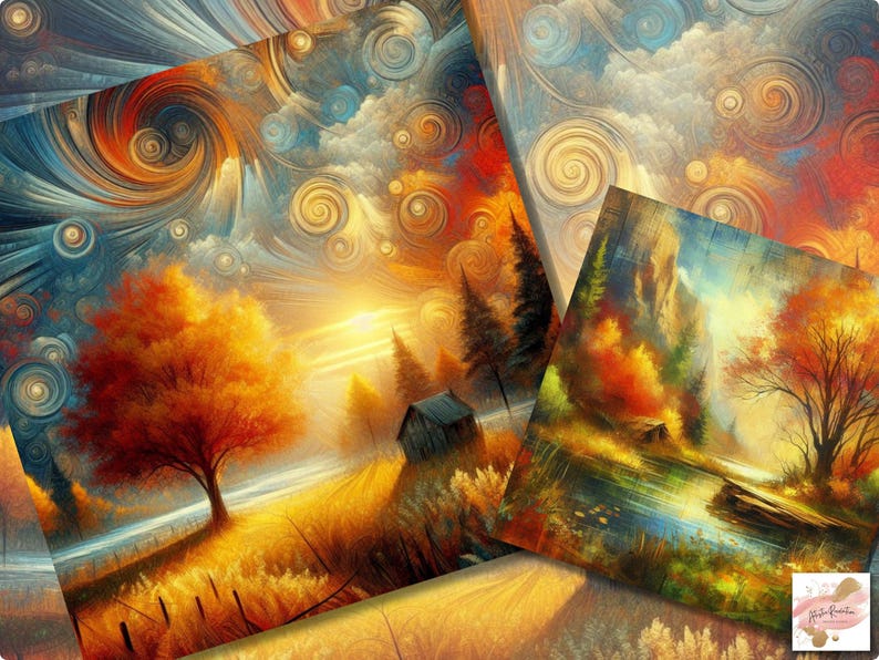Op de afbeelding: Een verzameling van drie kunstafdrukken met levendige landschapsschilderijen. De kunstwerken tonen herfsttaferelen met warme kleuren, waaronder oranje, geel en rood. De schilderijen tonen bomen, velden en een kleine hut, met focus op licht en sfeer.