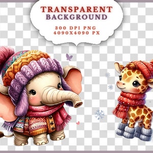 May include: A cute cartoon elephant and giraffe wearing winter clothes. The elephant is wearing a purple and orange knitted hat, a pink scarf, and a colorful sweater. The giraffe is wearing a red knitted hat, a red scarf, and gray boots. Both animals are on a transparent background.