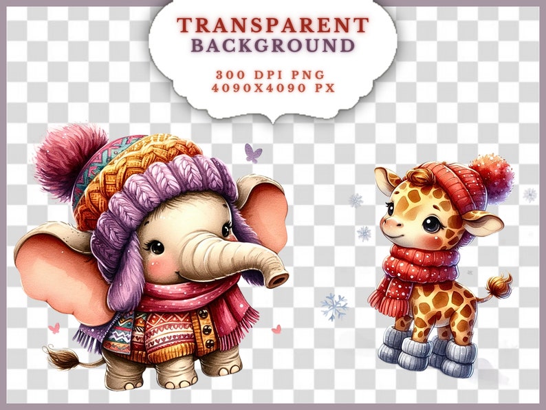 May include: A cute cartoon elephant and giraffe wearing winter clothes. The elephant is wearing a purple and orange knitted hat, a pink scarf, and a colorful sweater. The giraffe is wearing a red knitted hat, a red scarf, and gray boots. Both animals are on a transparent background.