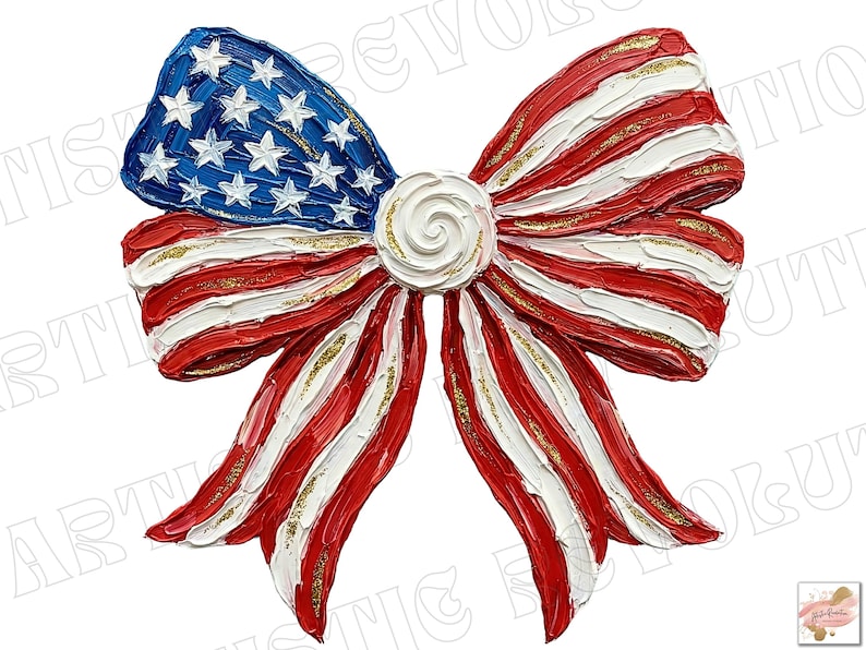 K&ouml;nnte beinhalten: Eine dekorative Schleife im Design der amerikanischen Flagge. Die Schleife hat einen blauen Bereich mit wei&szlig;en Sternen und rot-wei&szlig;en Streifen. Goldglitzer akzentuiert das Design. Eine patriotische Dekoration.