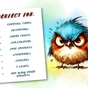 May include: A digital illustration of an angry bluebird with a red chest. The bird is looking directly at the viewer with a furrowed brow and a stern expression. The background is a light blue and green watercolor wash with white splatters.