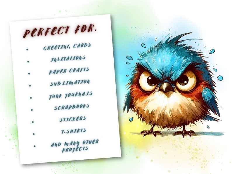 May include: A digital illustration of an angry bluebird with a red chest. The bird is looking directly at the viewer with a furrowed brow and a stern expression. The background is a light blue and green watercolor wash with white splatters.