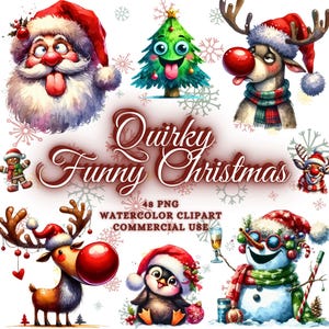 Grappige en eigenzinnige kerst clipartbundel, aquarel kerst png bundel, grappige rendieren kerstman, kerstboom sneeuwpop peperkoek man