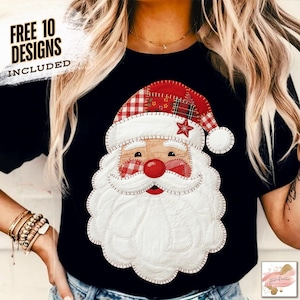 May include: Black t-shirt with a Santa Claus design. The Santa Claus graphic has a red and white checked hat, a red nose, and a white beard. The text "FREE 10 DESIGNS INCLUDED" is printed in the upper left corner.