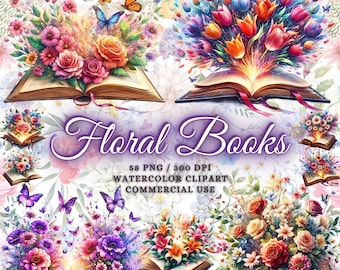 May include: A set of five watercolour illustrations of open books with colourful flowers bursting from the pages. The text "Floral Books" is displayed in a purple font with the words "58 PNG / 300 DPI WATERCOLOUR CLIPART COMMERCIAL USE" below.