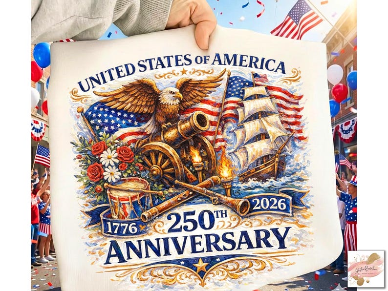 以下が含まれることがあります： アメリカ合衆国250周年を祝う詳細なイラスト。鷲、大砲、船、旗、1776年と2026年が描かれています。デザインは愛国心にあふれ、赤、白、青の色が使われています。