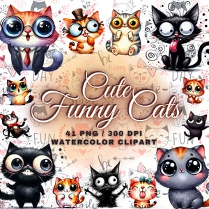 41 Cute & Funny Cat Clipart Bundle, Funny Cute Cat Png Funny Cat Prints, Cute Cat Sublimation Design, Watercolor Funny Black Cat Clipart Png