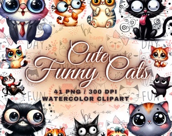 41 Cute & Funny Cat Clipart Bundle, Funny Cute Cat Png Funny Cat Prints, Cute Cat Sublimation Design, Watercolor Funny Black Cat Clipart Png