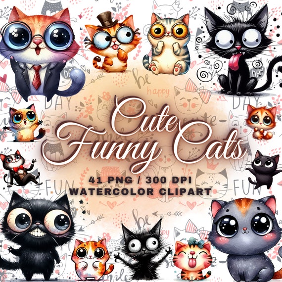 41 Cute & Funny Cat Clipart Bundle, Funny Cute Cat Png Funny Cat Prints, Cute Cat Sublimation Design, Watercolor Funny Black Cat Clipart Png