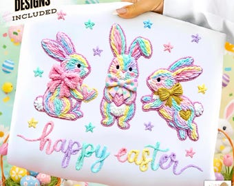 Faux Yarn Happy Easter Png, Latch Hook Easter Bunny Png, Crochet Coquette Bow Bunny Png, Preppy Easter Png, Faux Embroidery Easter Png