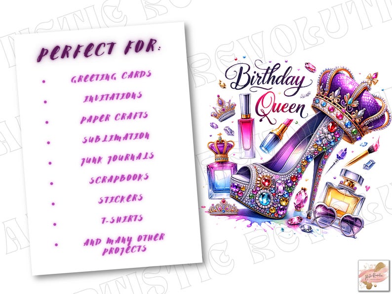 May include: A digital illustration of a high-heeled shoe decorated with jewels and a crown. The shoe is purple and silver with a pink sole. The crown is purple and gold with jewels. The text "Birthday Queen" is written in purple and pink. The image is perfect for crafting projects like greeting cards, invitations, paper crafts, scrapbooks, and t-shirts.