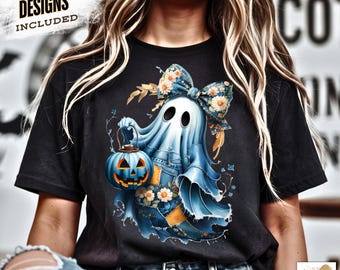Trendy Patchwork Spooky Ghost Png, Retro Halloween Blue Denim Ghost Png, Cute Boo Ghost Coquette Png, Fall Pumpkin Png, Spooky Season Png
