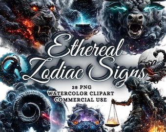 25 Ethereal Zodiac Signs Clipart Png Set, Astrology Clipart, Horoscope Signs Fantasy Clipart Celestial clipart Zodiac Sublimation Zodiac Png