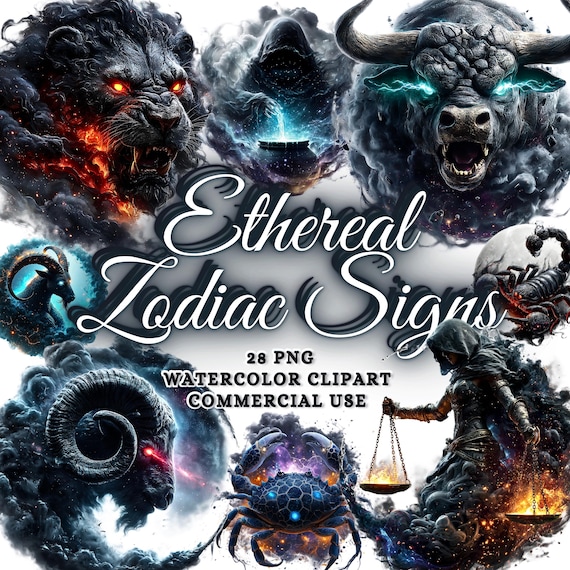 25 Ethereal Zodiac Signs Clipart Png Set, Astrology Clipart, Horoscope Signs Fantasy Clipart Celestial clipart Zodiac Sublimation Zodiac Png