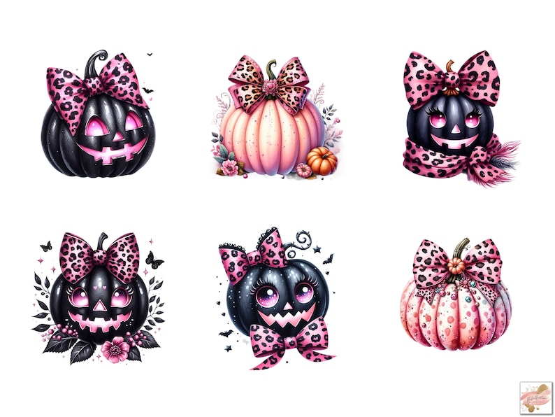 May include: Six Halloween-themed pumpkins with pink and black bows. Some pumpkins are black with a jack-o'-lantern face, while others are pink with white polka dots.