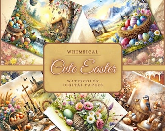 33 Cute Watercolor Easter Backgrounds, Watercolor Easter Scenes, Watercolor Easter Digital Papers Bundle, Easter Papers, Easter Printables
