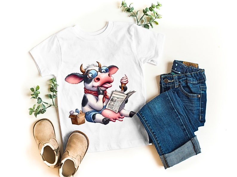 May include: White t-shirt featuring a cartoon cow wearing glasses and a red bandana, reading a newspaper and eating ice cream. The shirt is paired with blue jeans and tan boots, with a sprig of greenery on a white background.