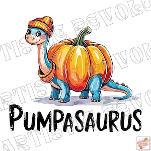 Op de afbeelding: Een blauwe dinosaurus met een bruine en oranje hoed is verkleed als een pompoen. De tekst "Pumpasaurus" staat onder de dinosaurus.