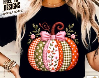 フェイク刺繍パッチワークパンプキンPng、ボヘミアンフローラル秋Png、レトロ秋Png、秋の雰囲気Png、パンプキンシーズンPng秋昇華シャツPng