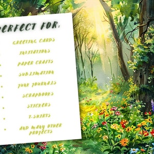 以下が含まれることがあります： 「PERFECT FOR:」という緑色の文字が書かれた白いカード。カードの用途が緑色の文字で書かれており、「グリーティングカード」、「招待状」、「ペーパークラフト」、「昇華」、「ジャンクジャーナル」、「スクラップブック」、「ステッカー」、「Tシャツ」、「その他多くのプロジェクト」などがあります。カードは、木々から太陽光が差し込む森の風景を描いた水彩画の背景に置かれています。