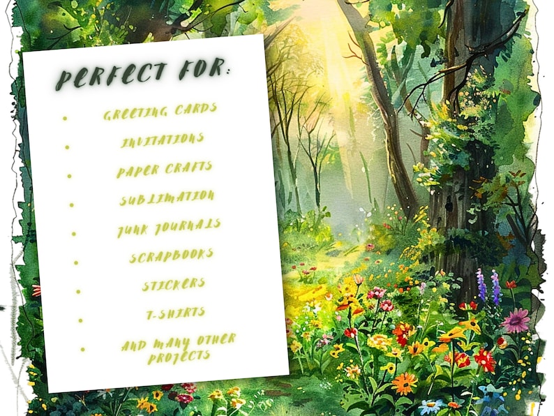 以下が含まれることがあります： 「PERFECT FOR:」という緑色の文字が書かれた白いカード。カードの用途が緑色の文字で書かれており、「グリーティングカード」、「招待状」、「ペーパークラフト」、「昇華」、「ジャンクジャーナル」、「スクラップブック」、「ステッカー」、「Tシャツ」、「その他多くのプロジェクト」などがあります。カードは、木々から太陽光が差し込む森の風景を描いた水彩画の背景に置かれています。