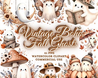 51 Vintage Fall Ghost Clipart, Autumn Boho Ghost Clip Art, Watercolor Ghost And Flower Images, Halloween Junk Journal Graphics, Ghost PNG