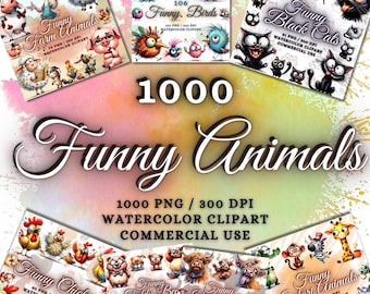 1000 Watercolor Funny Animals Clipart MEGA BUNDLE, Funny Baby Animals Png Bundle, Funny Safari Animals Forest Animals Farm Animals Dogs Cats