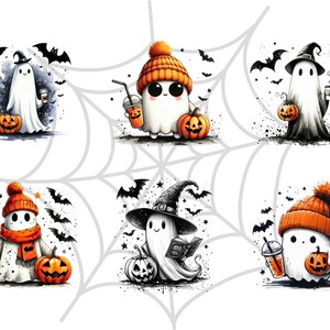May include: Watercolor illustrations of cute ghosts in various Halloween costumes. Each ghost is holding a pumpkin, coffee, or a book. The ghosts are wearing hats, scarves, and witch hats. Bats and a spiderweb complete the Halloween theme.