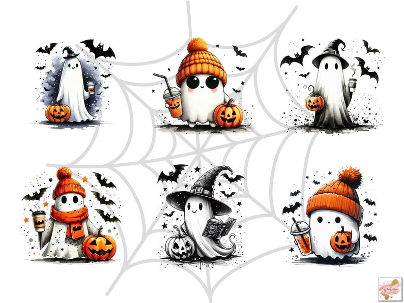 May include: Watercolor illustrations of cute ghosts in various Halloween costumes. Each ghost is holding a pumpkin, coffee, or a book. The ghosts are wearing hats, scarves, and witch hats. Bats and a spiderweb complete the Halloween theme.