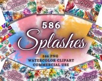 586 Watercolor Splashes Clipart Mega Bundle, Watercolor Splash Png, Alcohol Ink Splatter Clipart Bundle Watercolor Splatter Png Texture Png