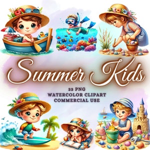 Acuarela verano playa niños clipart paquete, niño clipart, bebé niña clipart lindos niños png niños clipart verano clipart, niño png, niña png