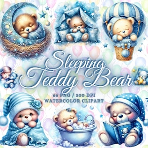 66 Cute Watercolor Teddy Bear Clipart Bundle, Sleeping Teddy Bears, Baby Shower Clipart Bundle, Blue Teddy Bear Clipart, Cute Teddy Bear Png