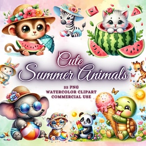 Bundle de cliparts animaux mignons d'été aquarelle, clipart mignon d'été, bébés animaux d'été PNG, sublimation animal Png Bundle, animaux de chambre d'enfant